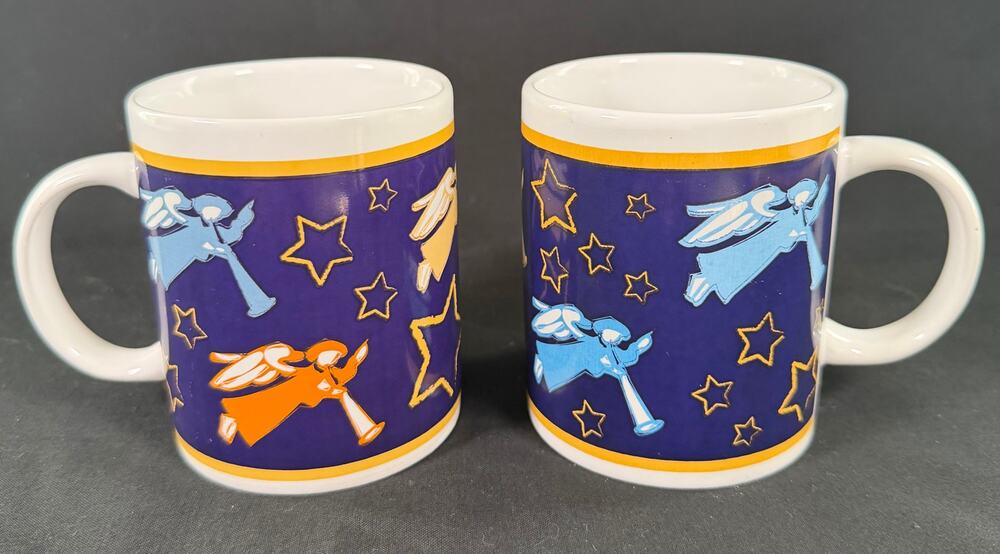 Vintage Hallmark Musical Angel Mugs Set of 2 1990s Houston Harvest Blue Stars